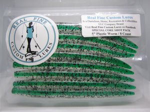 5" Clear w/ Black Flake & Emerald Green Core Shot Plastic Worm, 8 Count